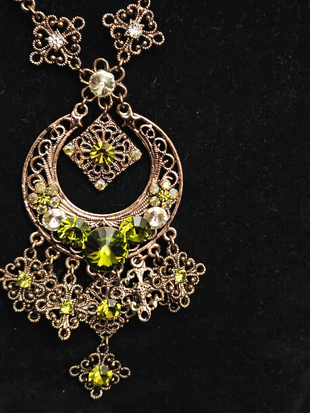 Vintage-Inspired Filigree Necklace with Olive Green Crystals